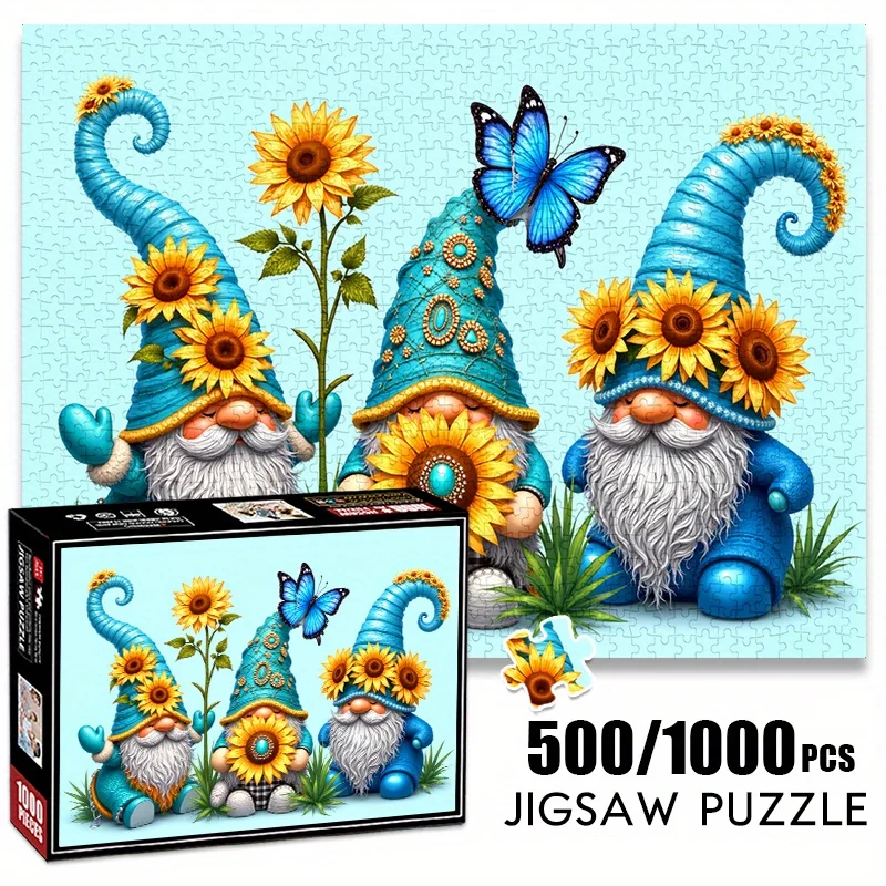 

500 or 1000pcs Large Jigsaw Puzzle - Fairy Tale Gnomes with Sunflowers, Anti-Scratch Paper Puzzle for Adults & Families, Chall