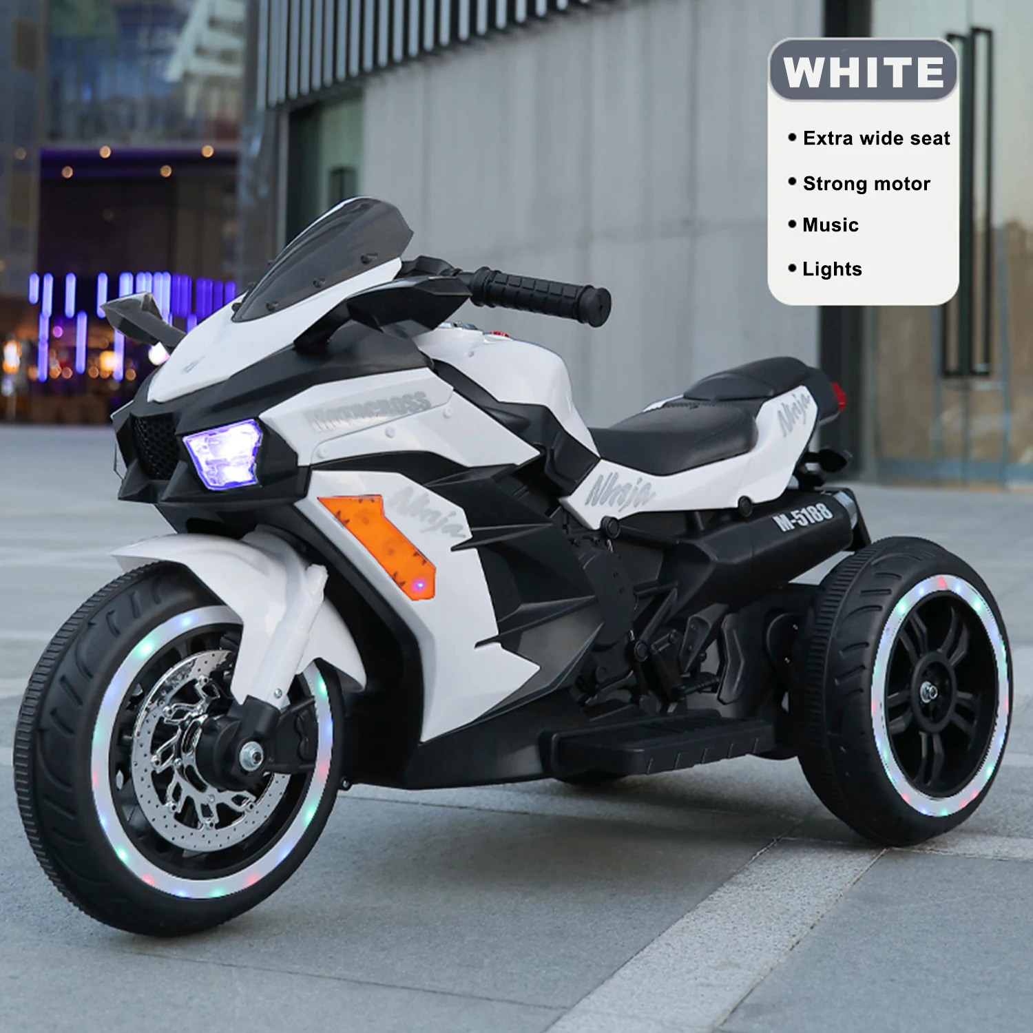 12V Battery Motorcycle, 3 Wheel Motorbike Kids Rechargeable Ride On Car Electric Cars Motorcycles--White