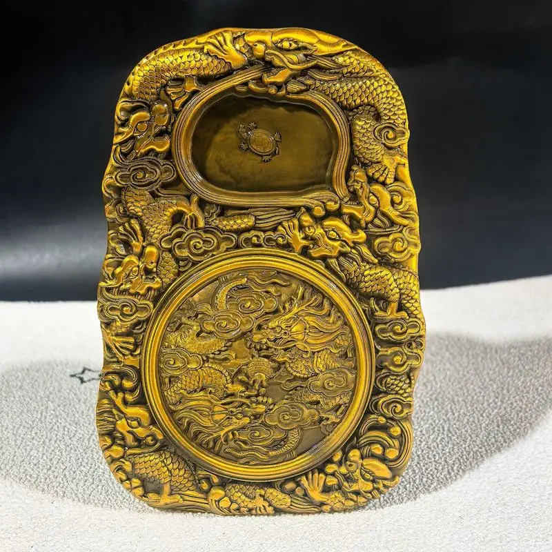 Antique Miscellaneous Items: Carved Dragon Pattern Incense Inkstone with Lid, Imitation Antique Bronze Metal Craft Ornament