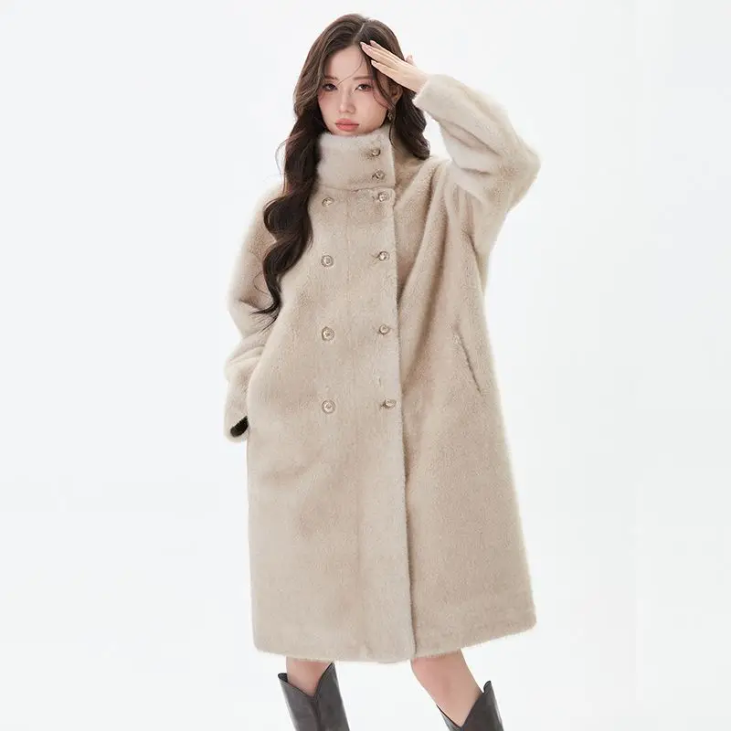 2024 Winter Faux Fur Coat Thickened Warm Mink Fleece Lntegrated Outwear Women Mid Length Environmental Protection Lady Fur Coat