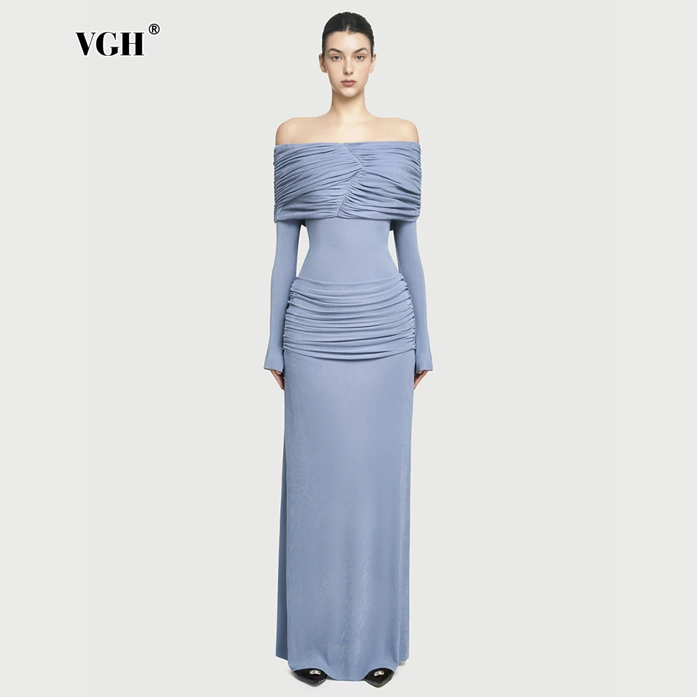 

VGH Elegant Backless Off The Shoulder Slim Dresses For Women Slash Neck Long Sleeve High Waist Temperament Folds Dress Female