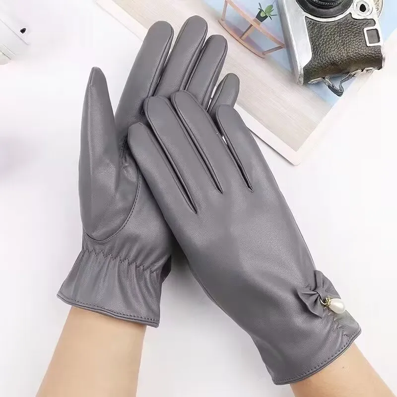 Guantes de cuero de invierno con perlas Retro Para pantalla táctil, elegantes y cálidos, a prueba de viento y frío, para mujer