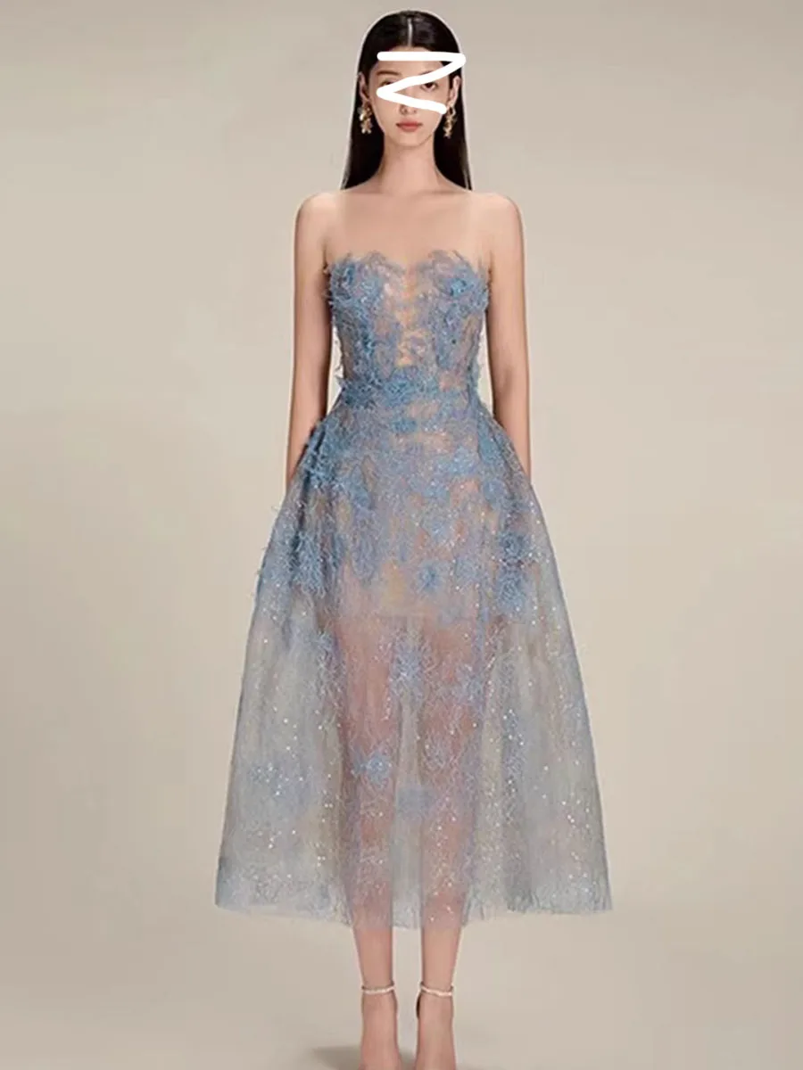 

Spring Summer Slimming Lace Heavy Embroidery 3D Flowers Netting Dress High Waist A-Line Skirt Breathable Skin-Friendly