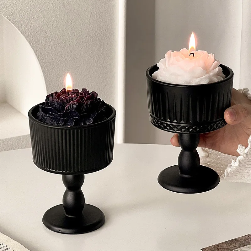 French Retro Black frosted candle holder Home High-end Aromatherapy Candle Glass Base Atmosphere Decorative Ornaments