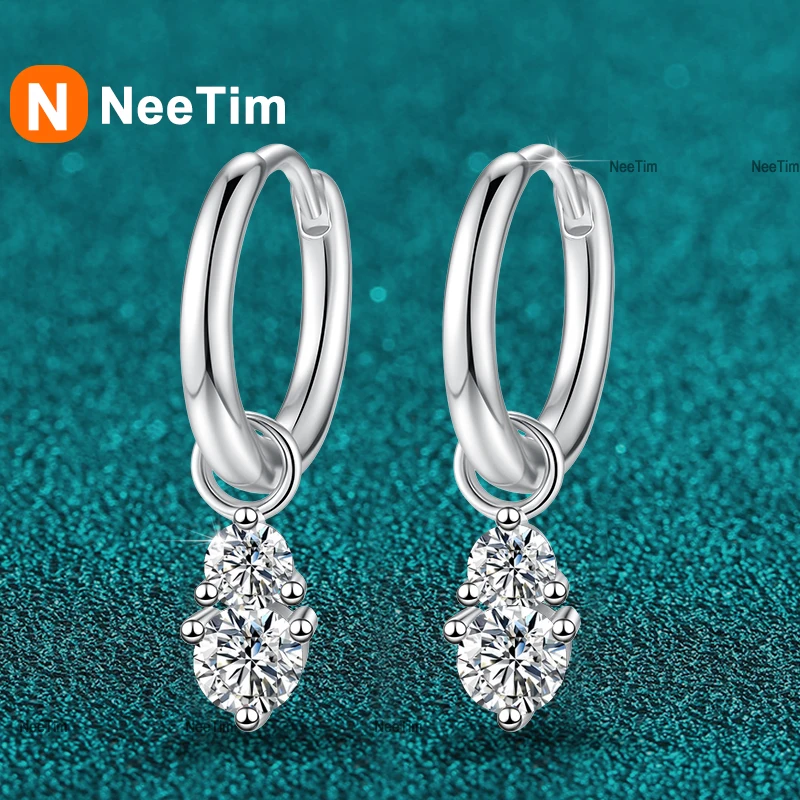 

NeeTim Full Moissanite Dangle Hoop Earrings for Women S925 Silver with Gold Plated Lab Diamond Wedding Earring Luxury Earrings