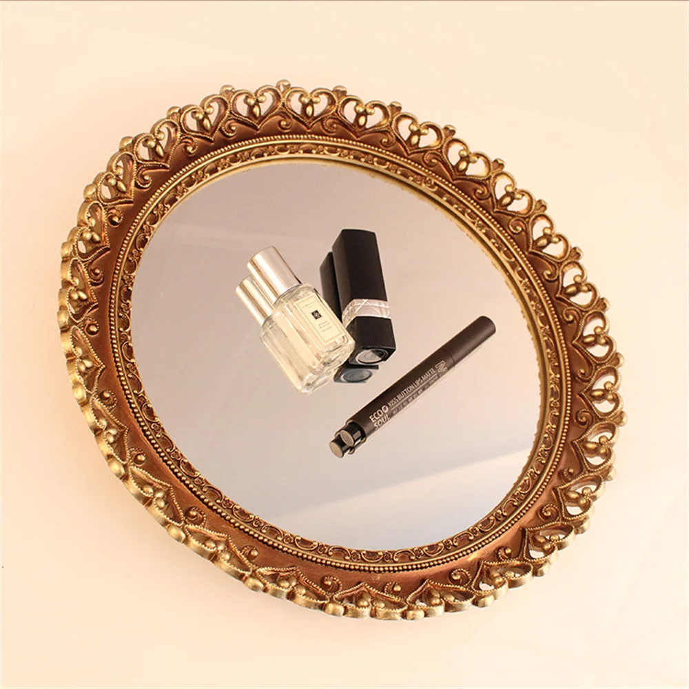 

Round Bathroom Mirror Vanity Tray Perfume Jewelry Food Fruit Veggie Serving Trays Glass Organizer Decor for Coffee Table Party