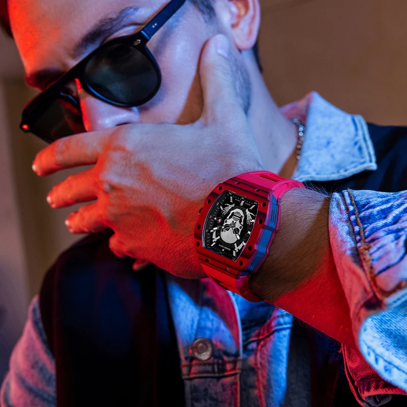 BONEST GATTI ساعة أوتوماتيكية للرجال 52 مللي متر Tonneau ساعة يد ميكانيكية من ألياف الكربون الياقوت مرآة مضيئة الهيكل العظمي الجمجمة الهاتفي