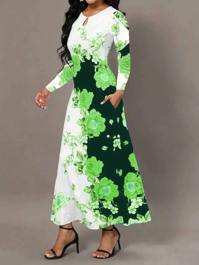 Round neck, long sleeved, printed pockets, waist cinching, large hem skirt, oversized long skirt for women