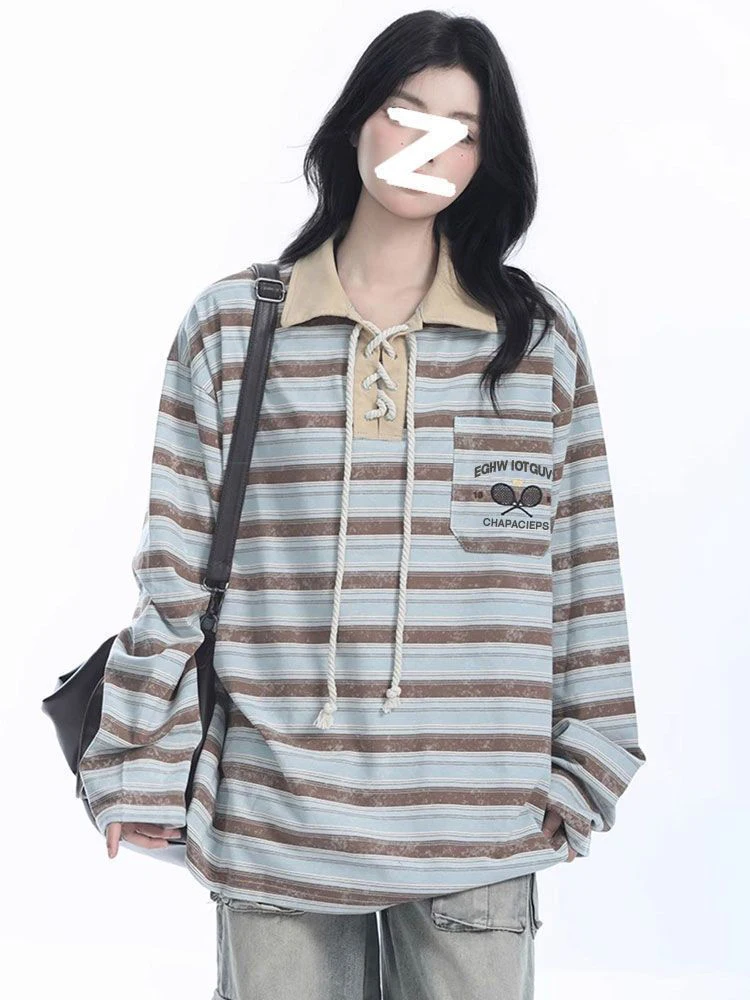 

Retro Preppy Style Striped T Shirt Women Loose Long Sleeve American Retro Tees Fall New Letter Embroidery Lace Up Patchwork Tops