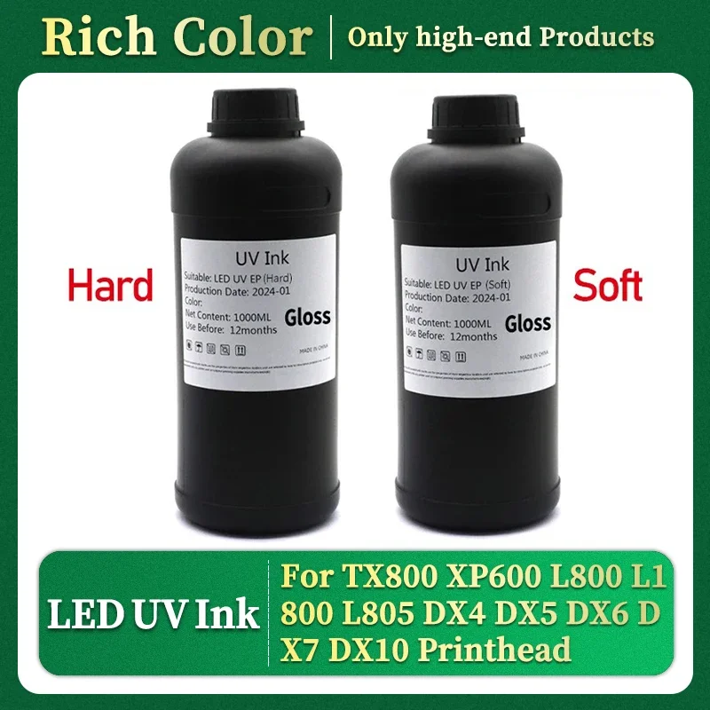 1000ML LED UV Ink Gloss For TX800 XP600 L800 L1800 L805 DX4 DX5 DX6 DX7 DX10 Printhead For Epson 1390 R1800 R1900 UV INK Varnish