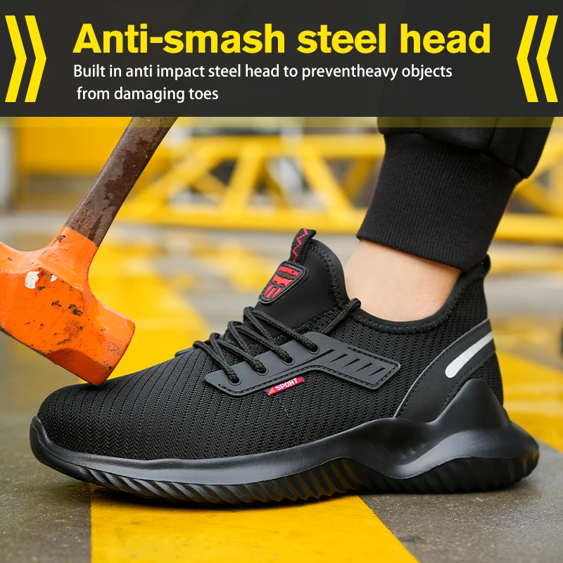 Safety Shoes Men for Hiking Work Shoes Safety Steel Toe Boots Construction Site Industrial Shoe Mid Top Round Toe Non Slip Shoes