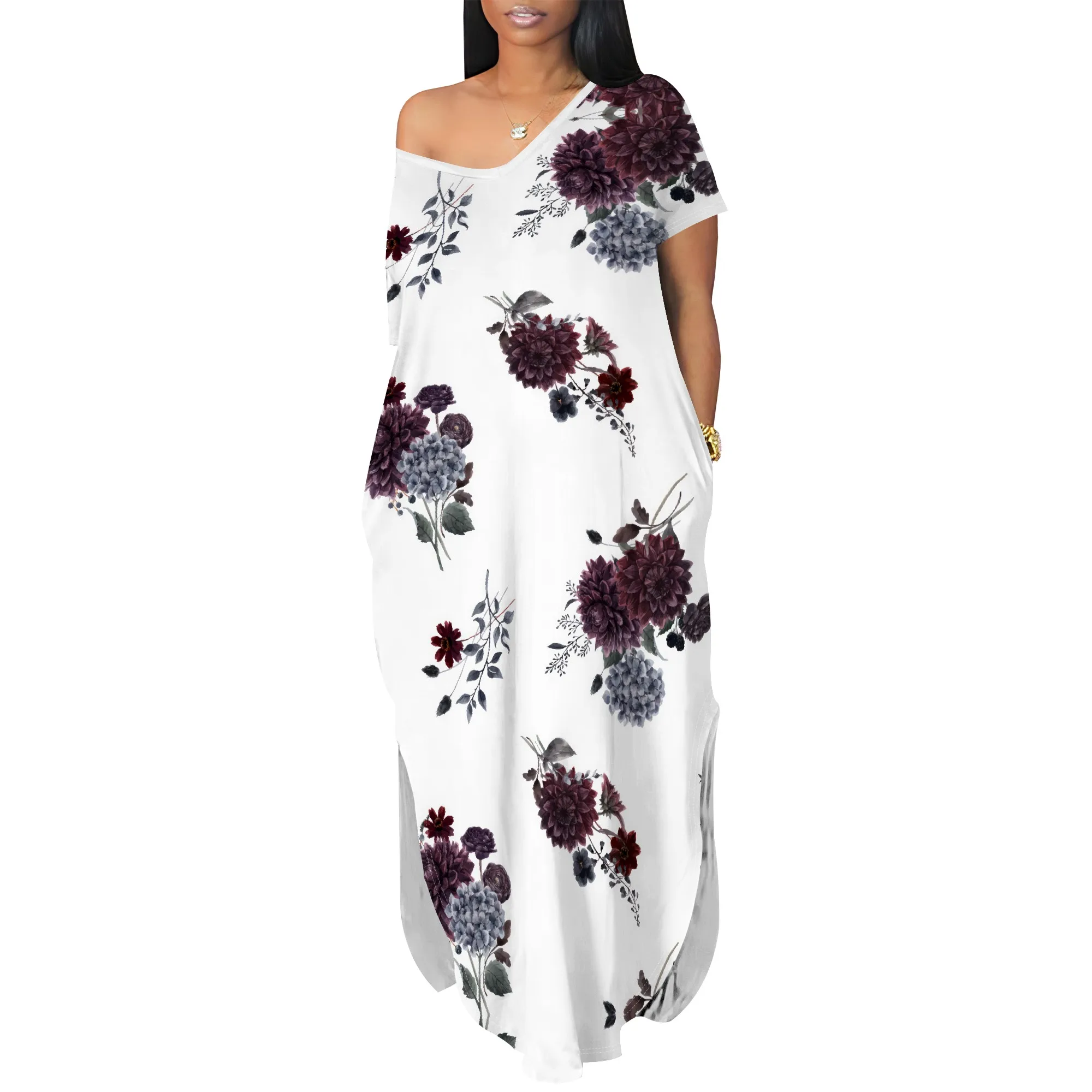 Boho บทคัดย่อพิมพ์ชุด Maxi หลวมปิดไหล่ฤดูร้อนชุดผู้หญิงลําลองแขนสั้น Beachwear