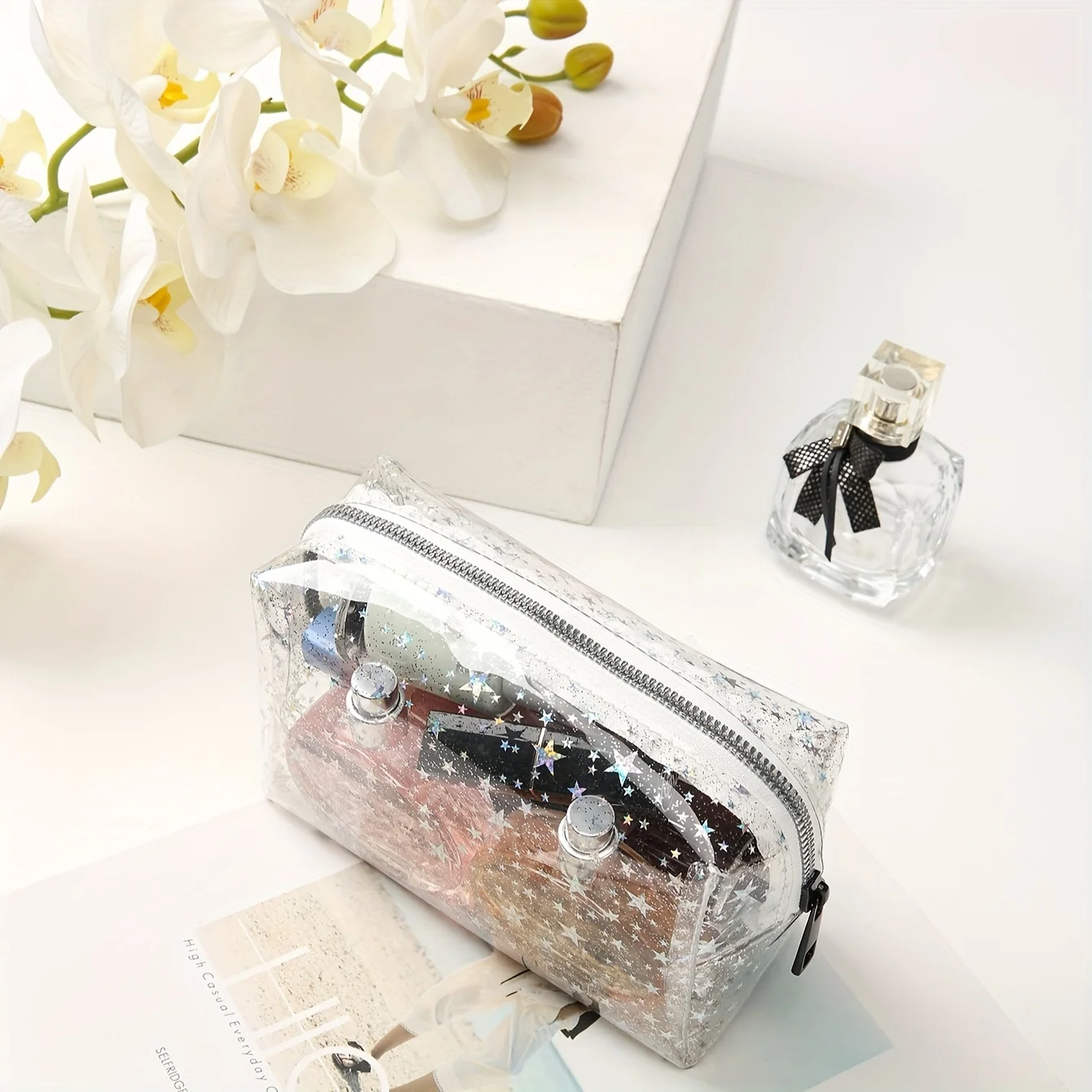 Chic Transparent Star PVC Makeup Bag - Waterproof, Large Capacity, Portable Cosmetic Organizer
