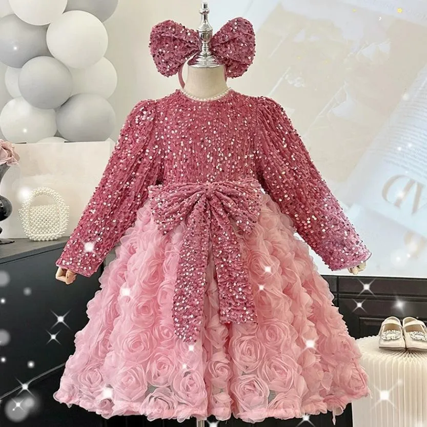 

High-End Children's Princess Evening Gown Bow Sequins Flower Design Wedding Birthday Catwalk Party Eid Girls Perform Dress A3554