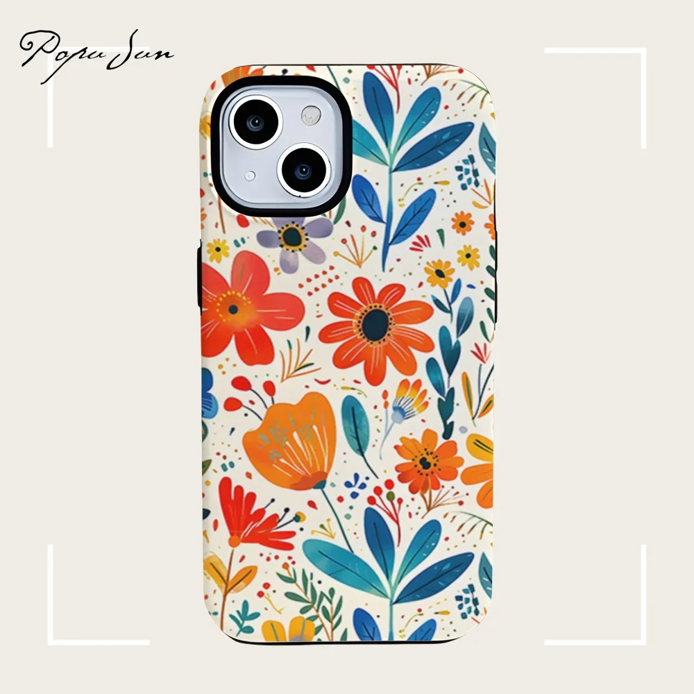 Fashion Flower Printed Flora Phone Case For iPhone 16 15 13 12 11 Pro Max 15 16 14 Plus Hard Protection 2 In 1 Back Cover Funda