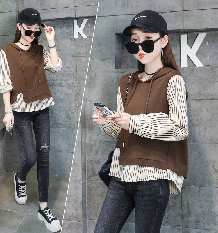 

Женская толстовка с длинными рукавами, в полоску, с лоскутным узором, весенне-осенняя, модная, повседневная, удобная, из полиэфирного волокна