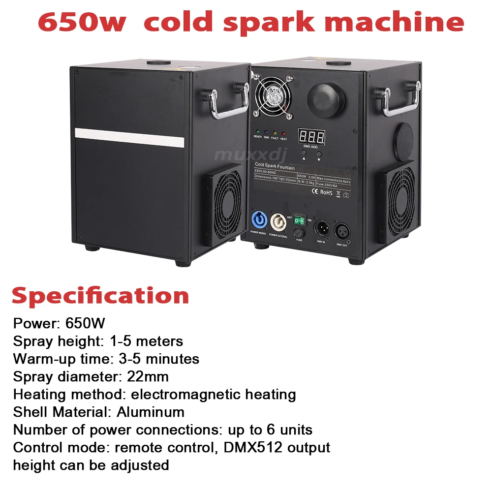 MUXXDJ 2pcs With Flight Case 650w Cold Spark Machine Wireless Remote DMX512 Stage Effect Machine for Party