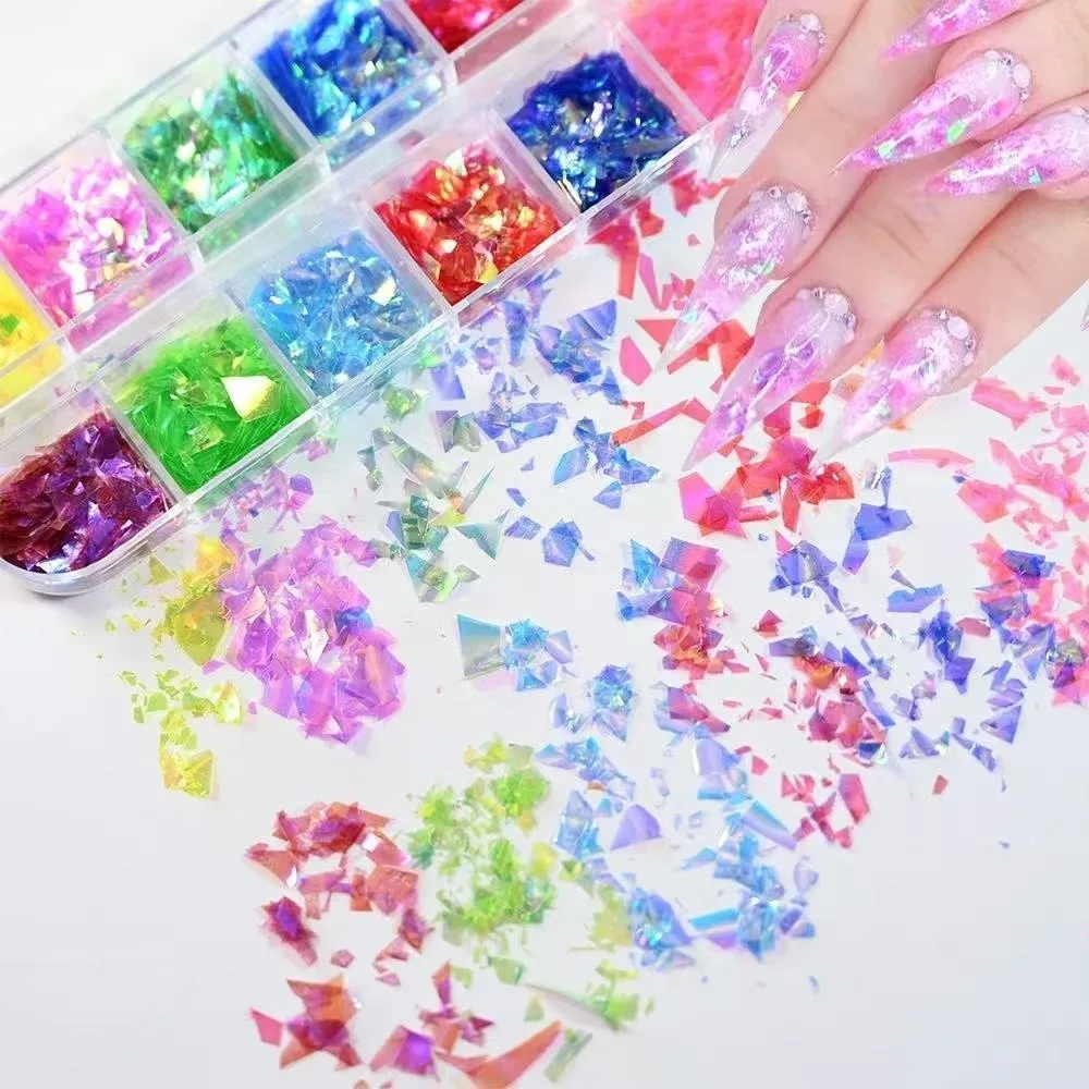 12-Grid Nail Art Sequins Holographic Square Shape Nail Glitter Flakes Rectangular Shape Laser Shiny Nail Decoration Accessories