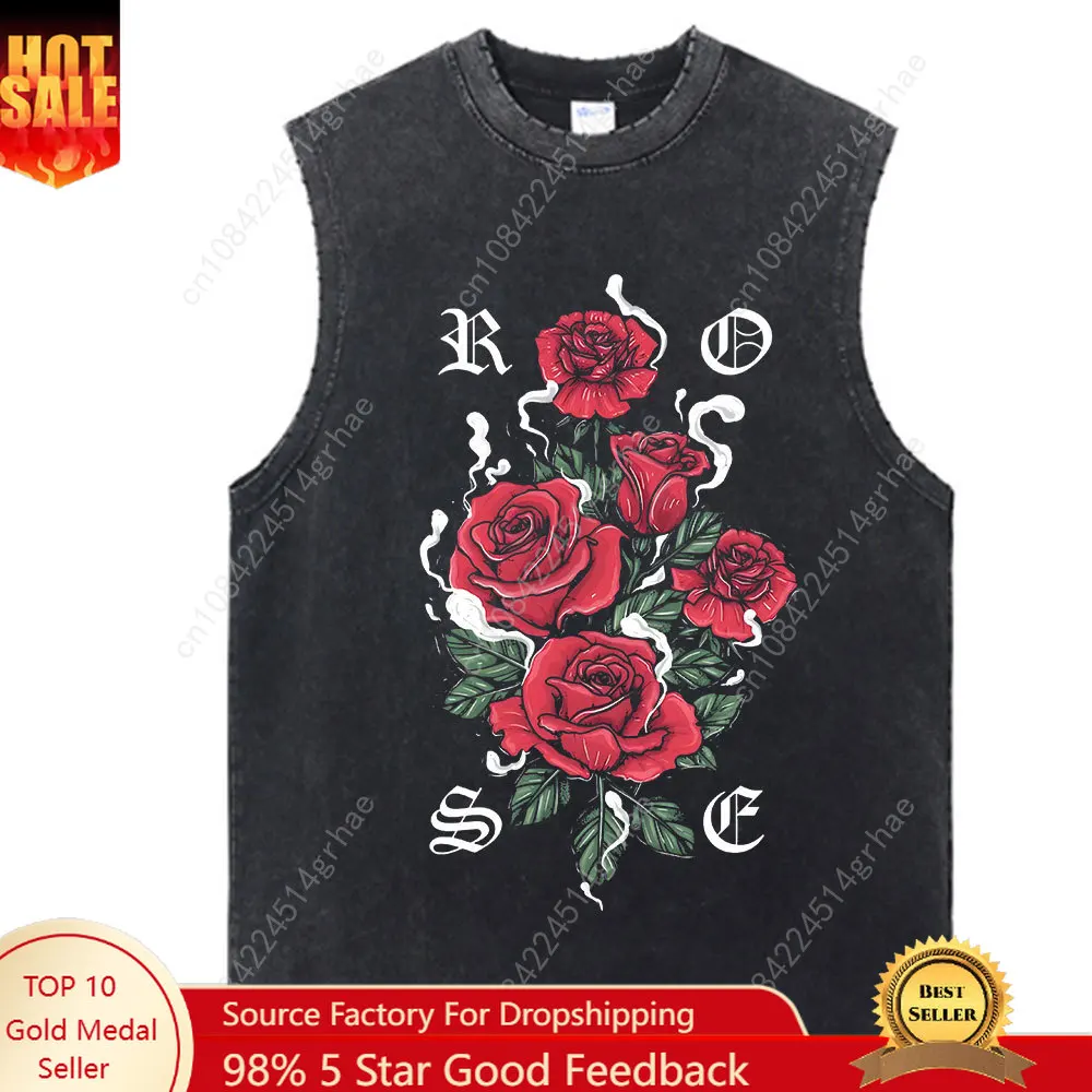 

Vintage Tank Top Graphic Y2K Rose Flowers Print T Shirt Cotton Hip Hop Streetwear Oversize Summer Washed Tops Vest