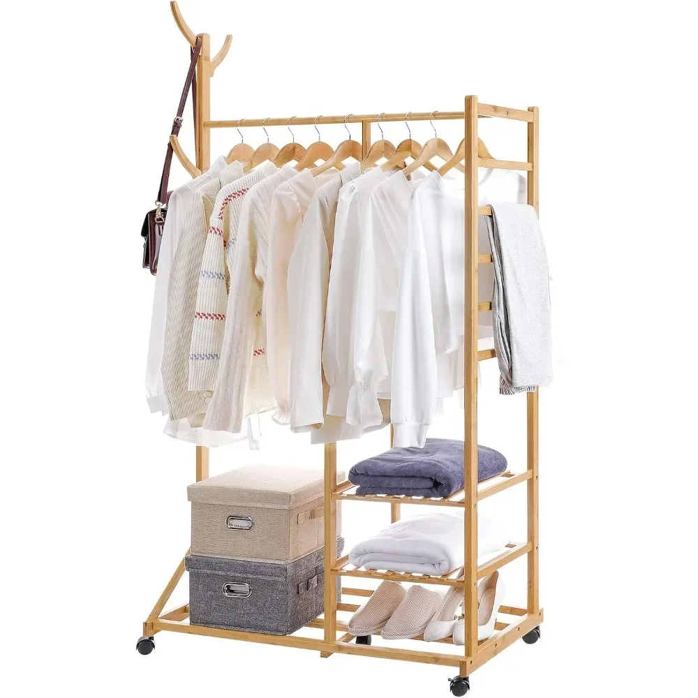 

Hanging Rack Clothing Organizer Hat Tree 3 Layers Wardrobe Storage Shelves with Wheels 6 Hooks