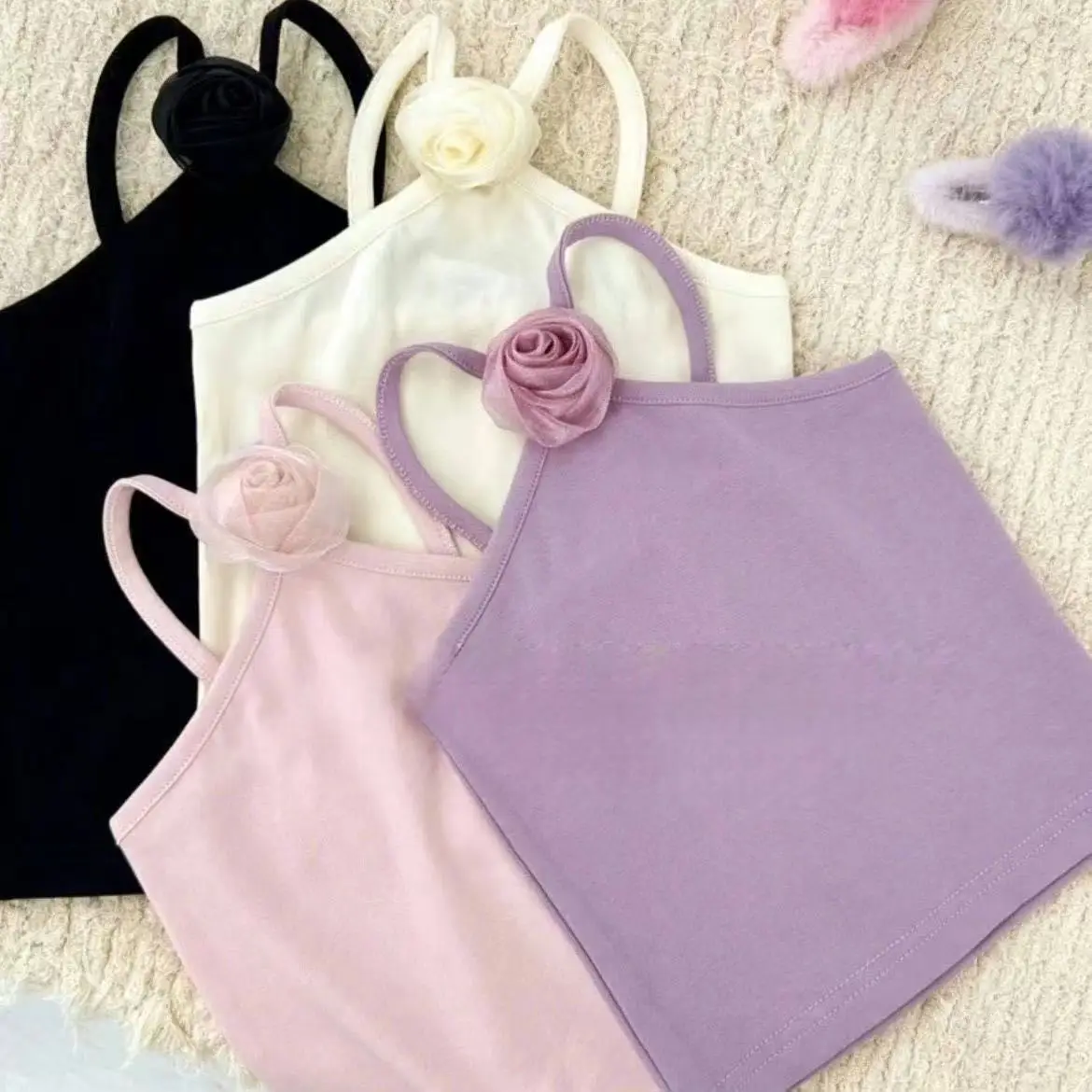 Korean Children's Clothing 25 Summer New Girls' French Neck Sling Vest Women's Treasure Sweet and Spicy Short Top