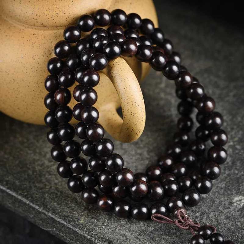 Purple Sandalwood 108-bead Buddhist bracelet, wooden ebony prayer , hand-held meditation beads