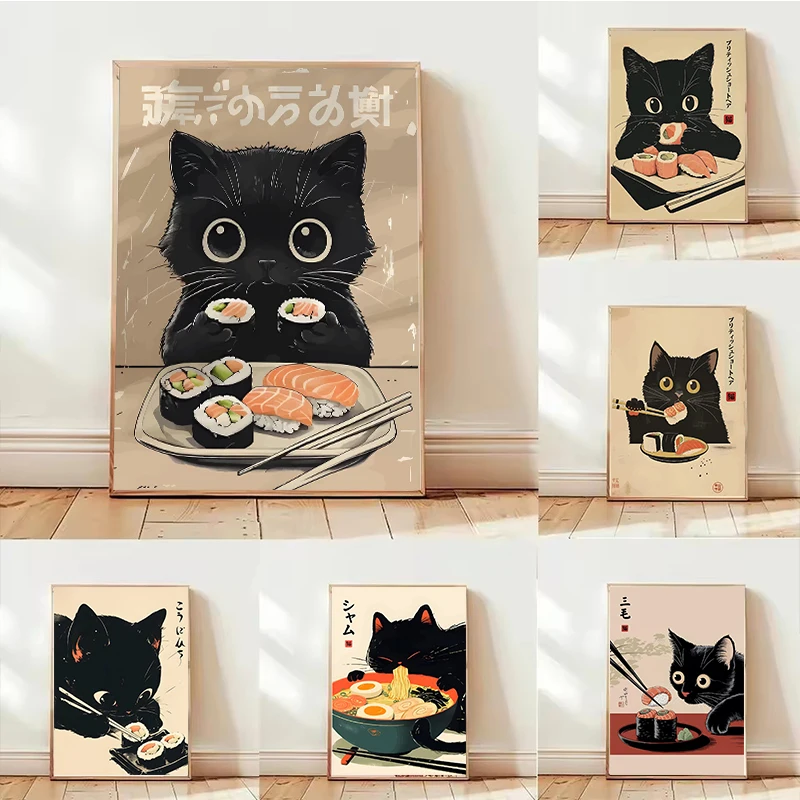 Pósteres japoneses de Ramen, Animal, gato negro, Sushi, impresiones en lienzo, pinturas, decoración del hogar, fideos, comida, arte de pared, decoración de cocina y habitación