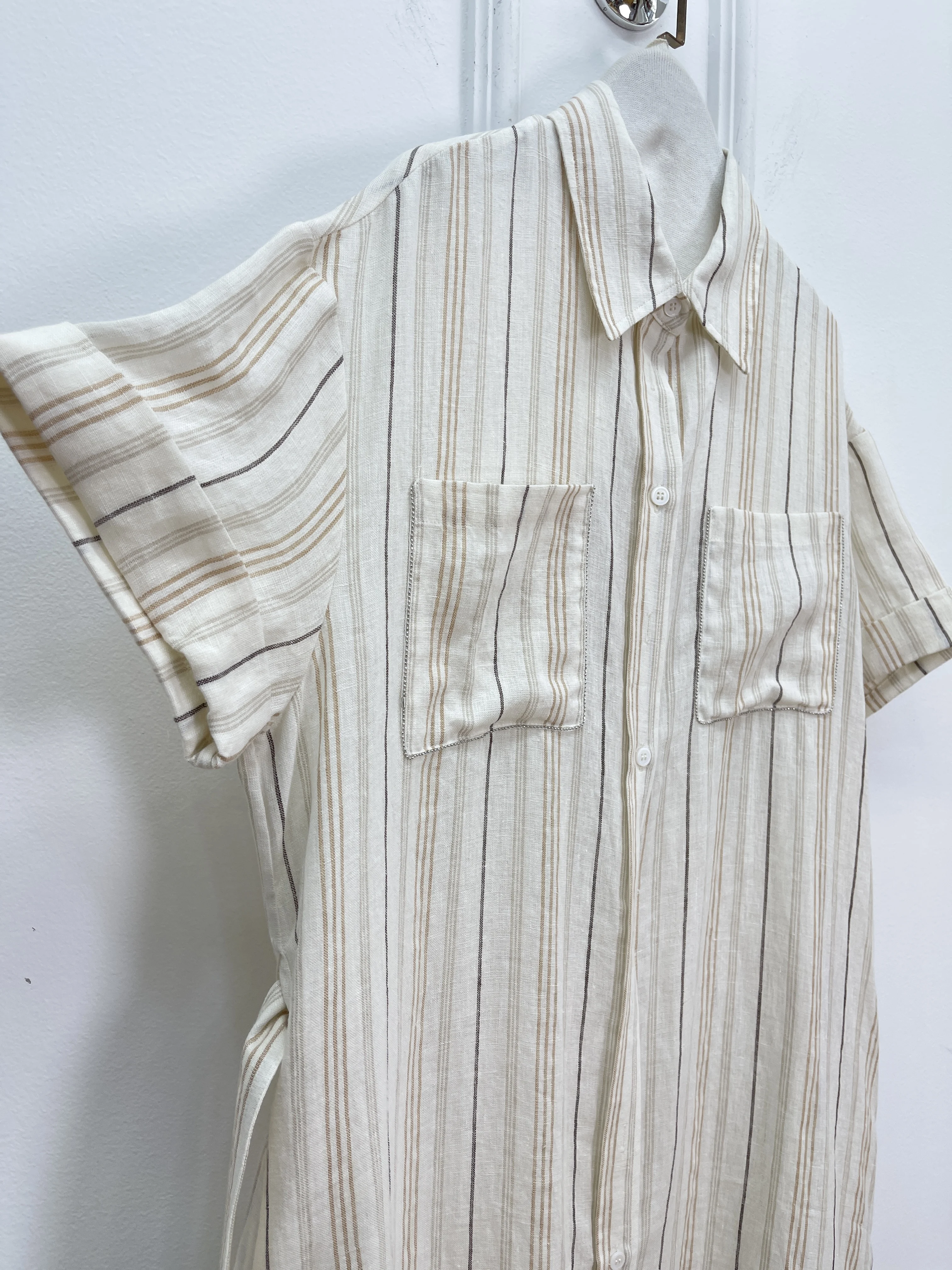 봄과 여름 새로운 고품질 패션 포켓 체인 세로 줄무늬 벨트 셔츠 드레스 여성