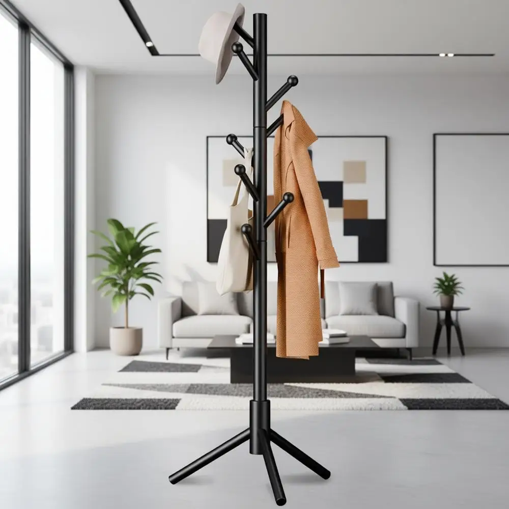 

Вешалка для одежды с 8 крючками и регулируемой высотой для прихожей, спальни или коридора (черная)
