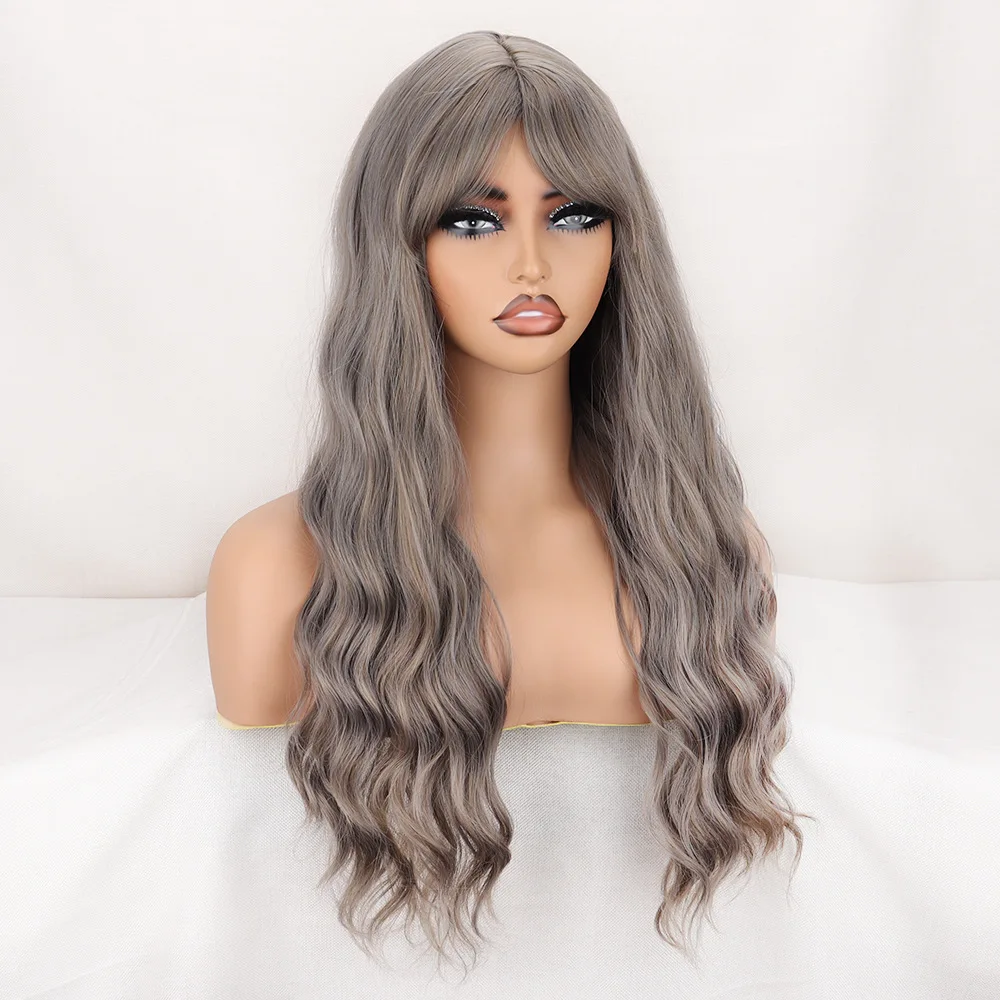 European and American long curly hair wig cyan gray qi bangs wool roll mechanism headgear