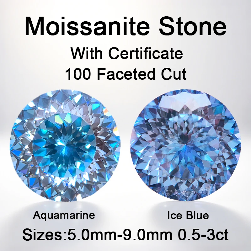 

Moissanite 100 Faceted Cut Round Shape Aquamarine/lce Blue Color VVS1 Gemstone Charms Beads for Jewelry Making with Certificate