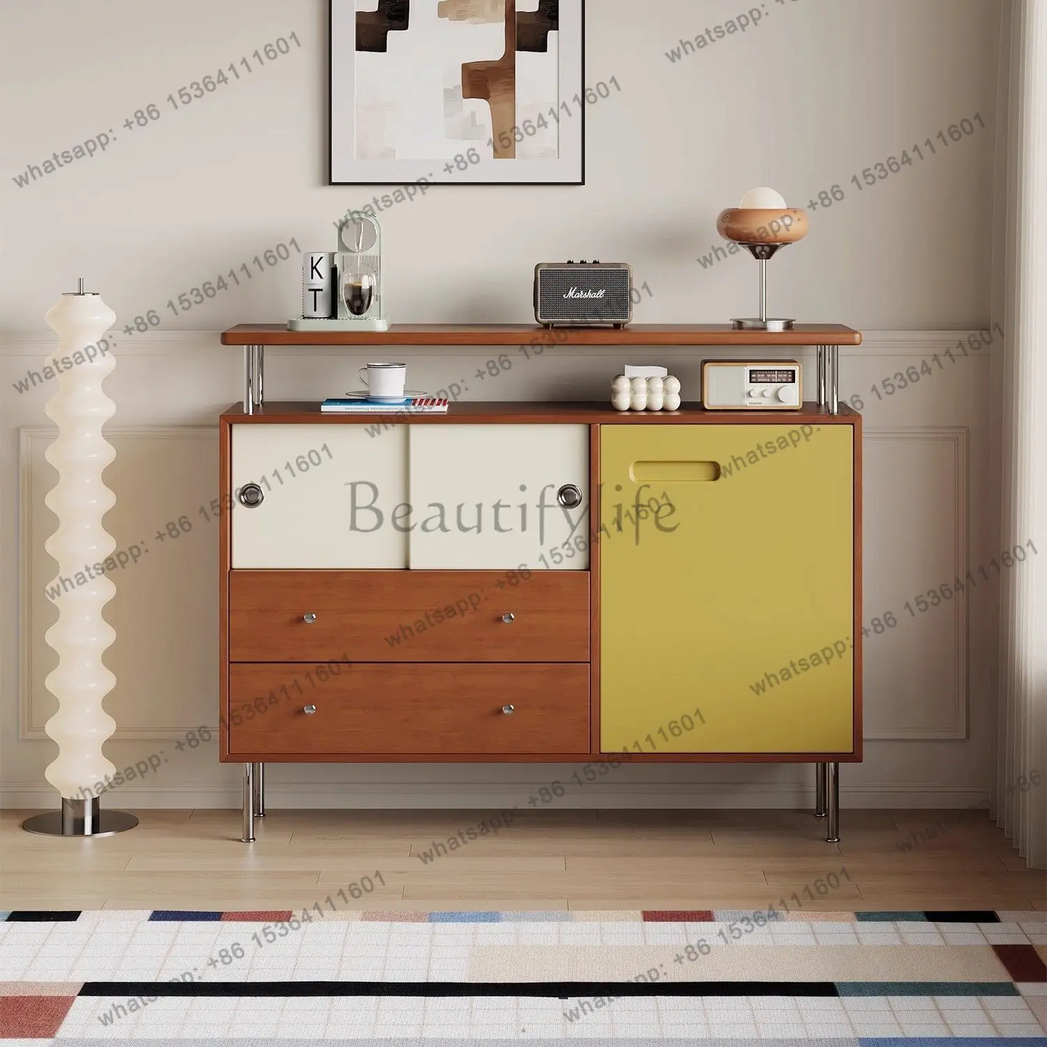 

Nordic side cabinet solid wood medium and ancient style integrated wall storage living room storage cabinet