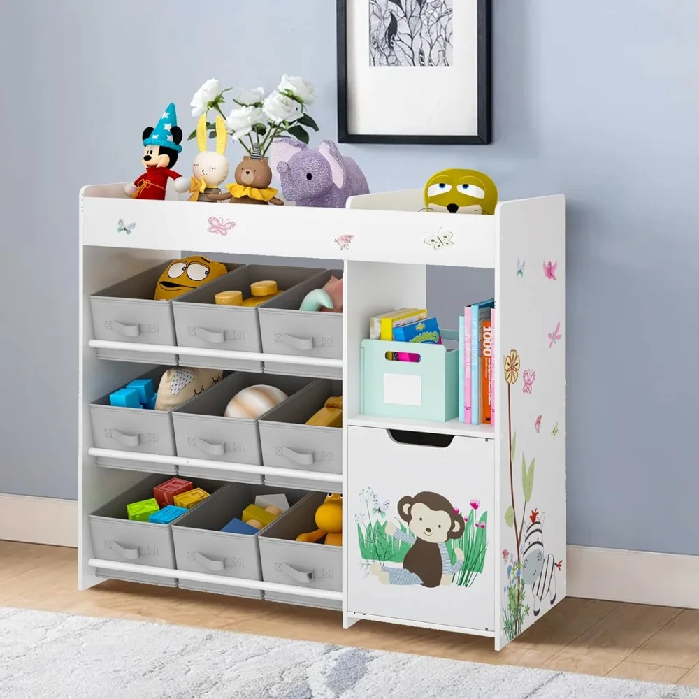 

Kids Toy Storage Rack for Kids with 9 Storage Boxes for Playroom, Kids Room, Living Room, 35.5 X 11.8 X 31.5 Inch Toy Rack