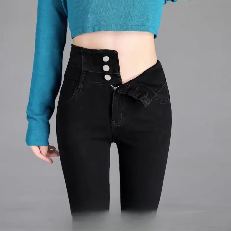 

Женские утепленные джинсы с высокой талией, облегающие, прямые, зауженные, осенне-зимние, новые, для коррекции фигуры