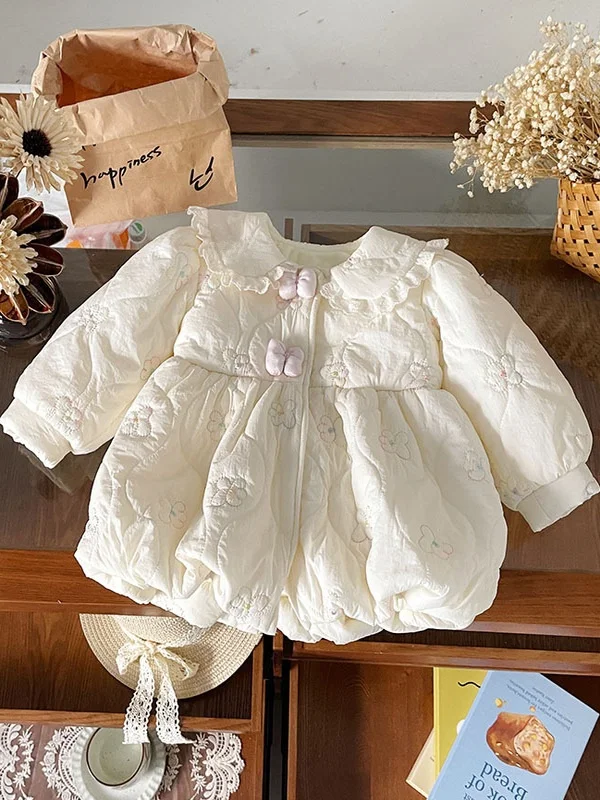 

Новая корейская модная куртка для девочек на флисовой подкладке с вышитым воротником, теплая верхняя одежда для малышей на осень-зиму