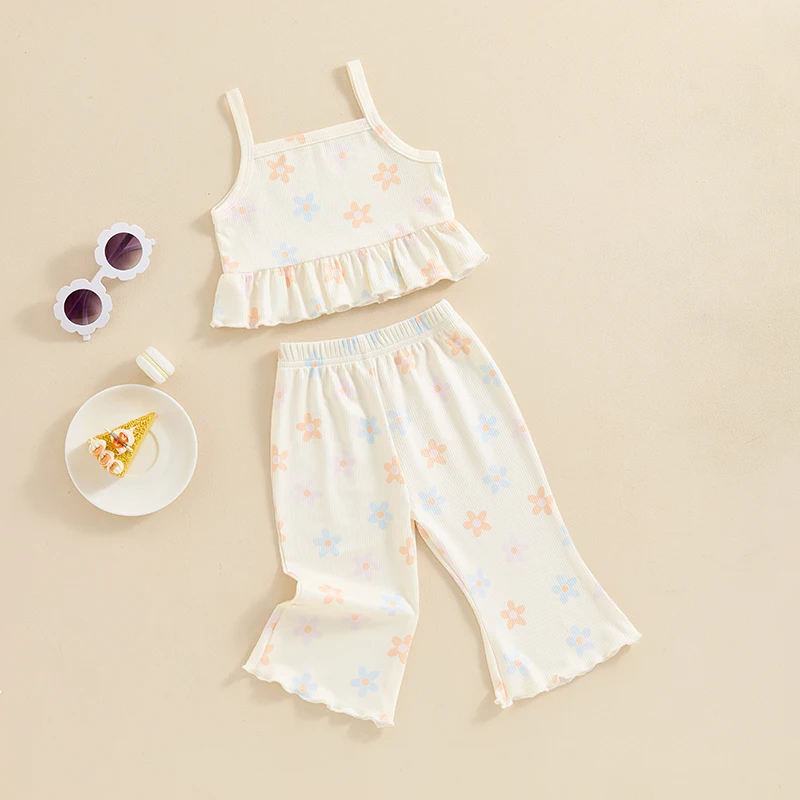 2024-04-03 Lioraitiin 6M-4Y Kid Baby Girls Clothes Set Flower Print Sleeveless Camisole with Flare Pants Summer Outfit