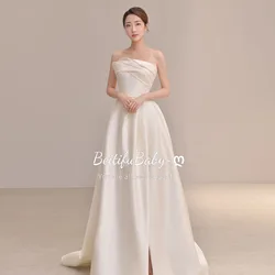 BeitifuBaby French Style Stain Wedding Dresses for Women Elegant Strapless Sleeveless Banquet Bride Dress Vestidos De Fiesta