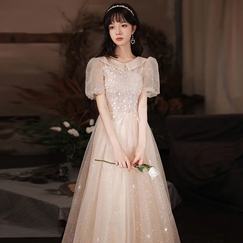 Champagne Tull Evening Dress Women Doll Collar Puff Sleeves Sequin Quinceanera Dresses Exquisite Elegant Graduation Gown