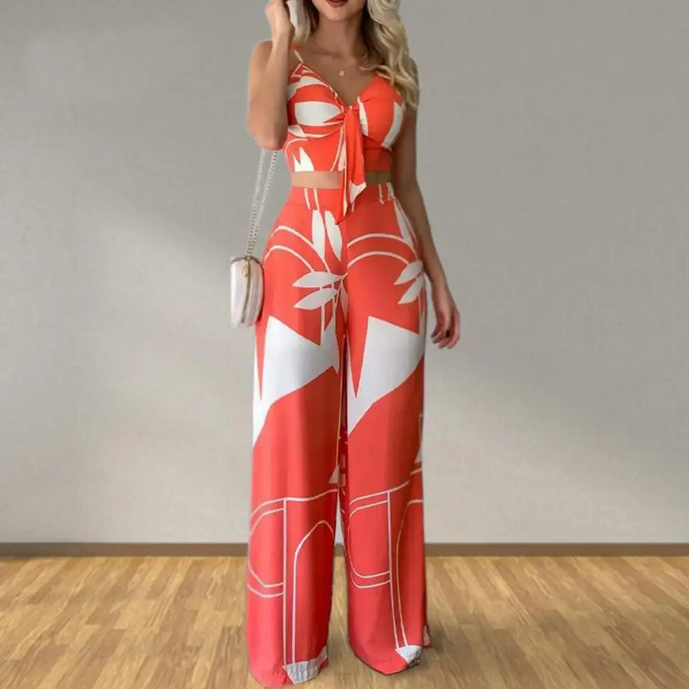 

Women Vacation Outfit Stylish Women's Vacation Outfit Set with V Neck Camisole Wide Leg Pants Beach Crop for Resort for Women