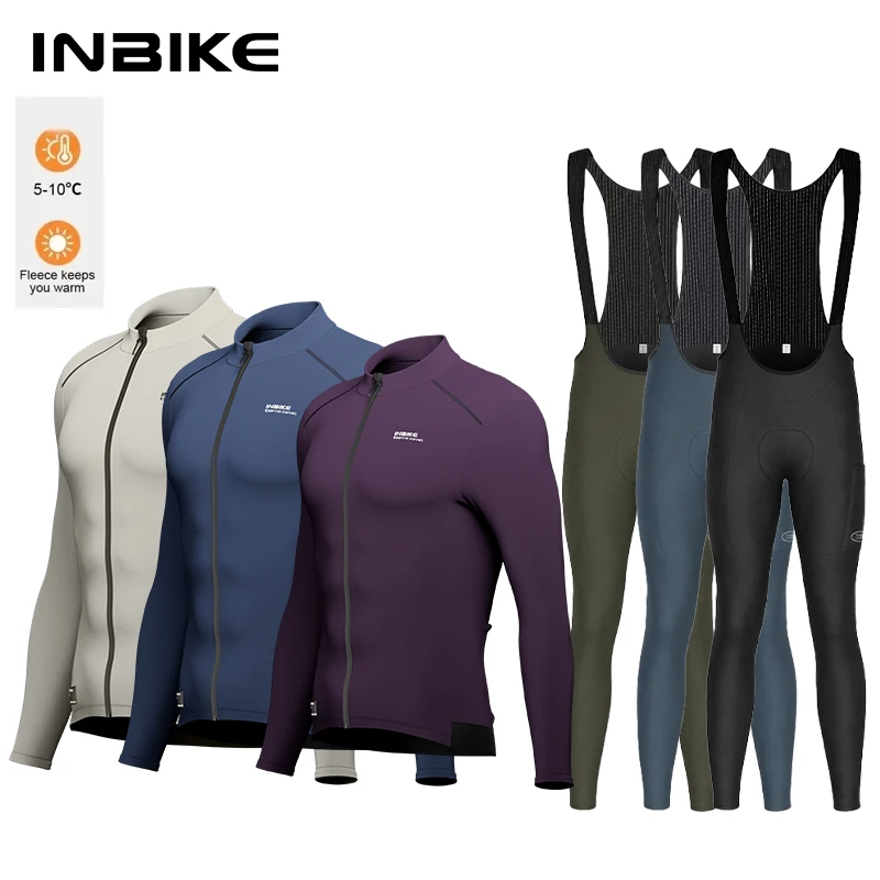 Image of INBIKE Herren-Radsport-Set, Winter-Fleece, warmes Langarm-Trikot mit Taschen, Fahrradhose mit Trägern für Rennräder, MTB-Bekleidung.