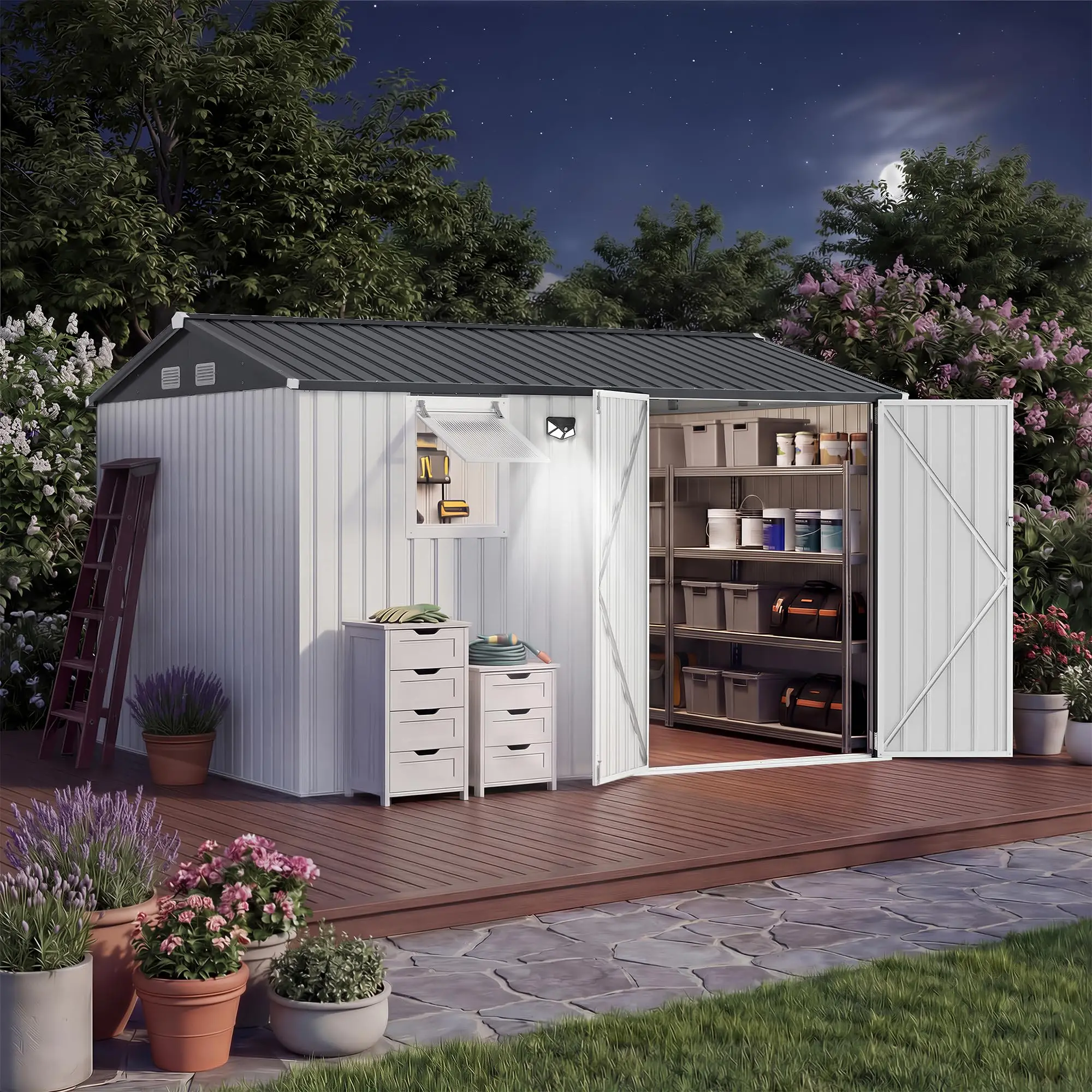 10x8FT Steel Garden Storage Shed With Sloped Roof, Vents & Window, Lockable Doors, Outdoor Tool Shed For Backyard Patio Poolside