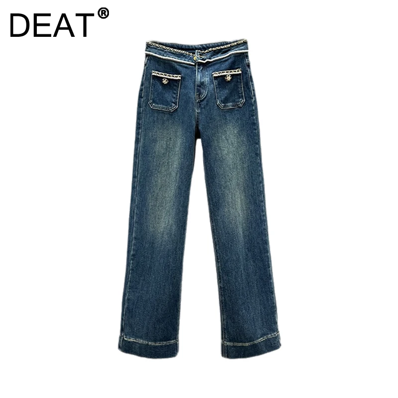 DEAT Women's Denim Pants Patchwork Pearls Chains Edge Fleece Thick Straight High Waist Sports Jeans 2025 Spring New Fashion