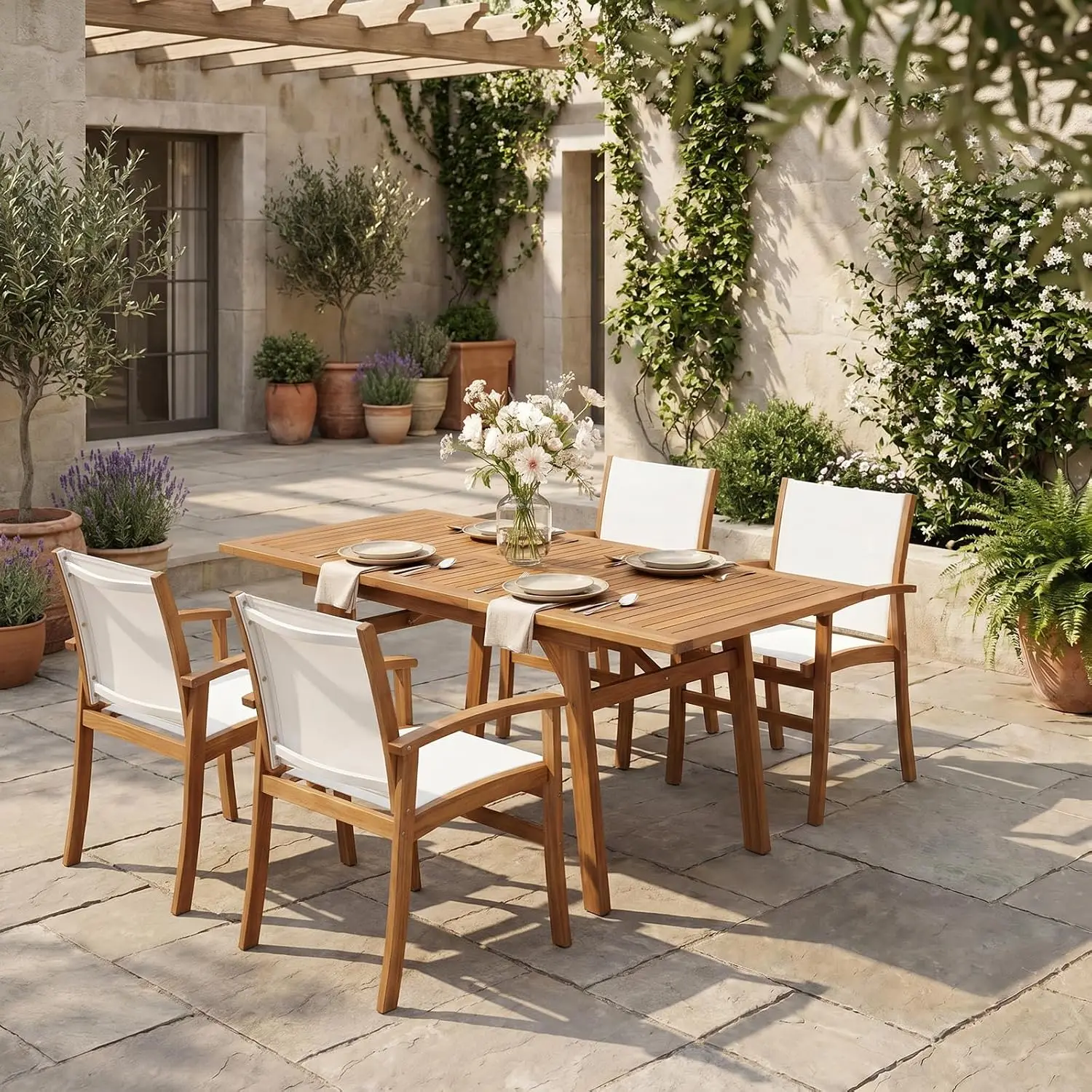 5-Piece Outdoor Patio Dining Set W/Umbrella Hole, White, Customized