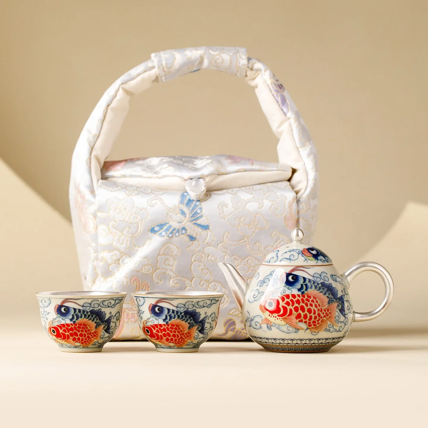 Handmade Plated 999 Silver Cloud Carp Changle Travel TeaSet Go Out Carrying Bag Portable Express Cup Outdoor 1 Pot 2 Cups TeaSet