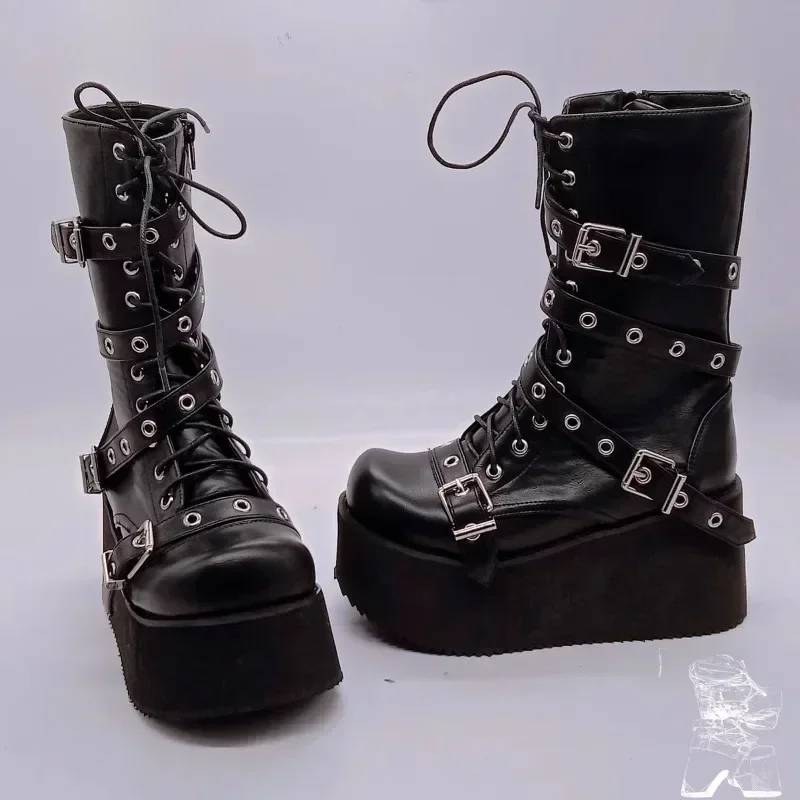 

Spring Women's Buckle Boots Round Toe Wedge Side Zip Platform Shoes Gothic Outdoor Leisure Fashion Botas De Invierno Para Mujer