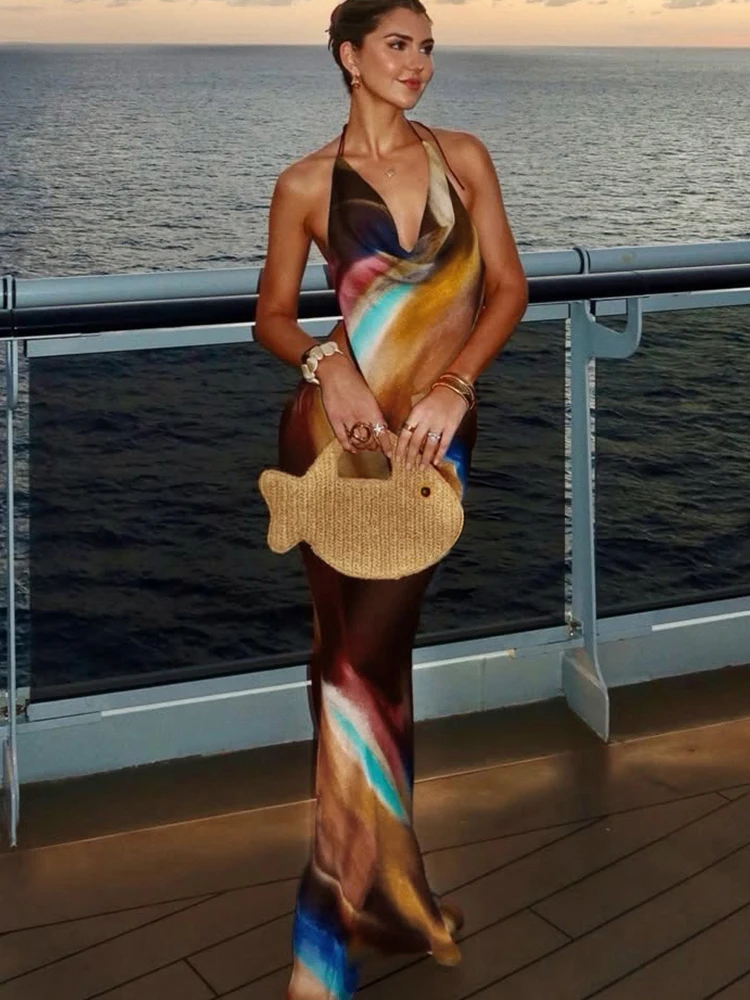 

Nibber See Through 2-Piece Set Women Halter Bandage Backless Irregular Hem Low-Neck Vest+Long Skirt Colorful Print Fashion Suits