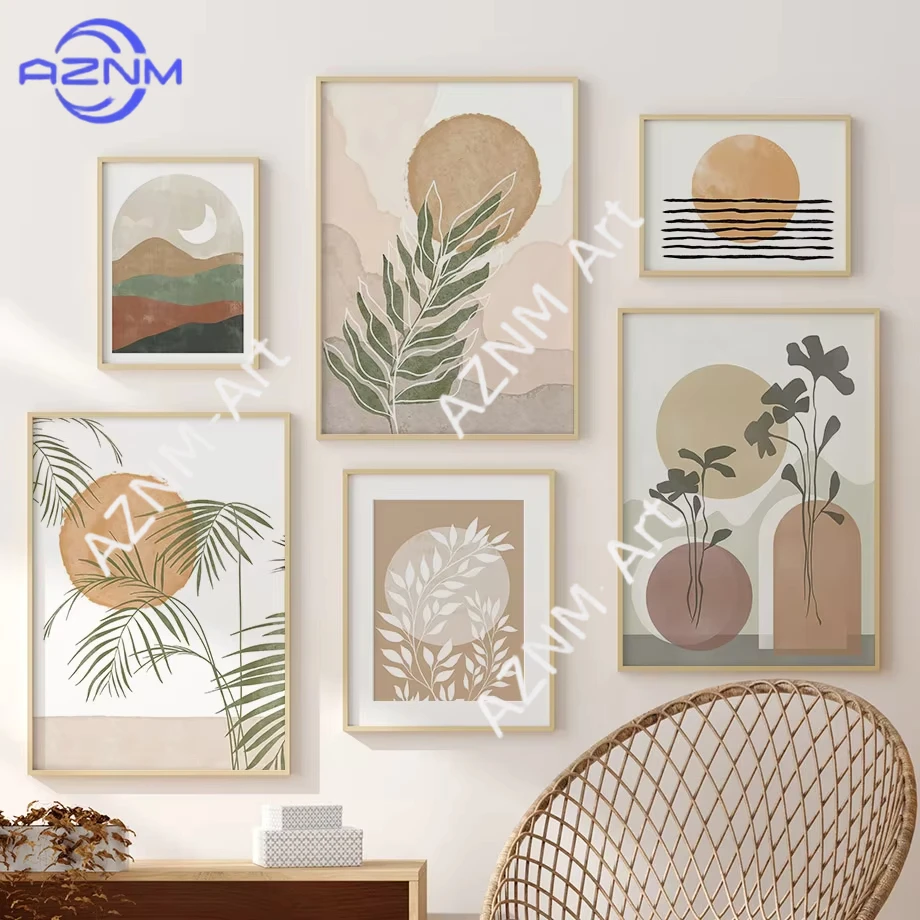 1Pc/6Pcs Wall Art Canvas Painting Abstract Geometry Sun Leaves Fern Cactus Nordic Posters And Prints Boho For Living Room Decor