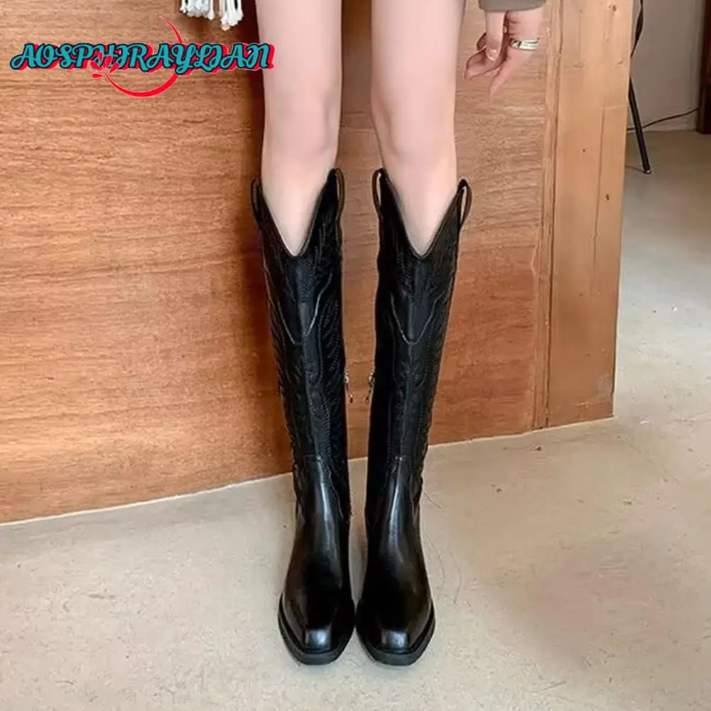 Brand Design Female Western Cowboy Boots Fashion Embroider Chunky Heels women's Cowgirl Boots Party Office Vintage Woman Shoes