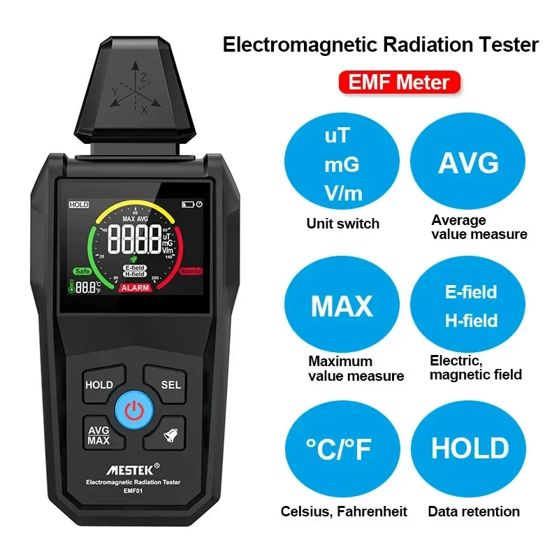 

EMF Meter Radiation Detector Digital Color Screen Household Electromagnetic Field Radiation Tester Handheld Frequency Warn Meter