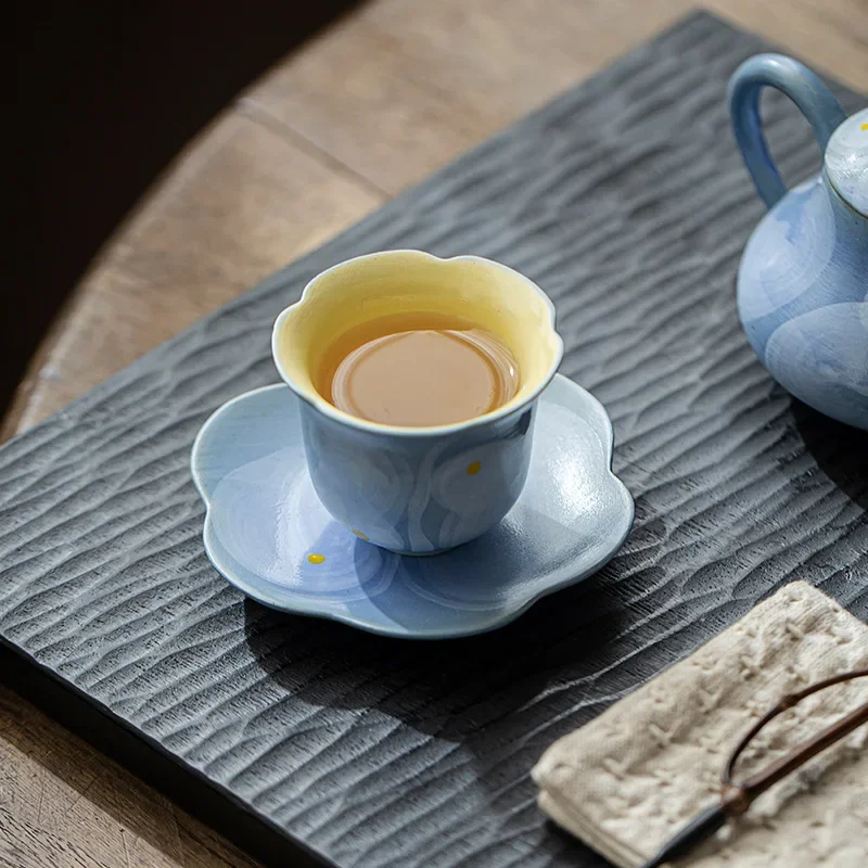 

New Chinese Style Quirky Wind Powder Introduction Hand Drawn Pure Handmade Coarse Pottery Flower Mouth Tasting Tea Gathering